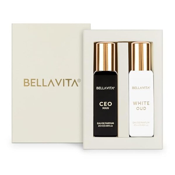 A premium Bella Vita gift set containing four 20ml Eau De Parfum bottles – CEO, Honey Oud, Glam, and Rose. This unisex perfume collection features a variety of long-lasting fragrances, each packed in a luxury beige box with gold accents. Perfect for gifting or personal use, offering floral, woody, sweet, and fresh notes.